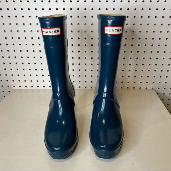 Hunter | Kellen Wedge Heel Rain Boot Dark Navy Teal Blue Sz. 7 - Picture 3 of 9